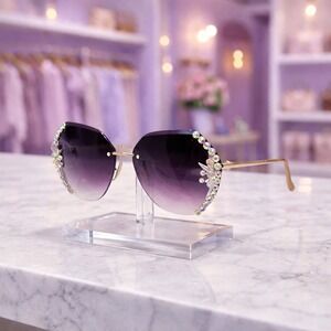 Sunglasses Women Purple Rimless Rhinestone Oversized Shades